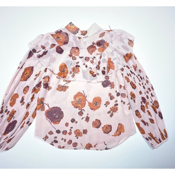 Women's Chelsea28 Floral Sheer Blouse w/ Ruffled Collar &‎ Pleated Sleeves M Med - Picture 2 of 11